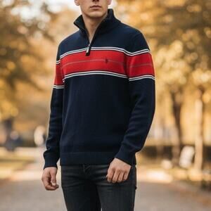 US Polo Assn 1/4 Zipper Sweater S Sherpa Neck Collar Navy Red Color Block Stripe
